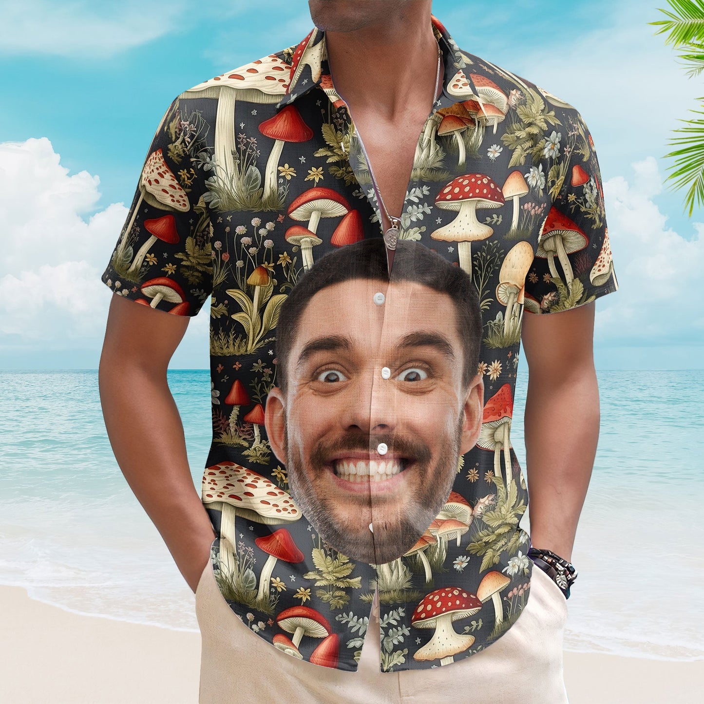 Custom Face Photo Funny With Magic Mushrooms Pattern - Custom Photo Hawaiian Shirts HA0122