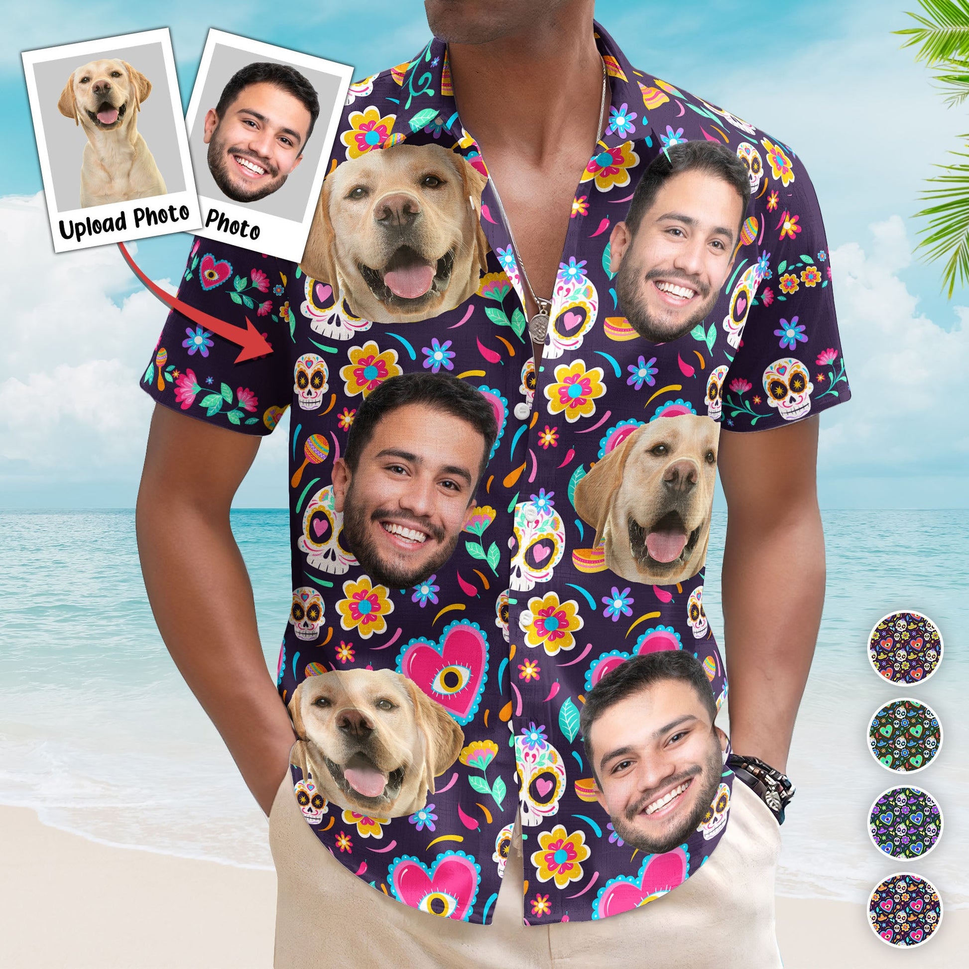 Custom Face Photo Mexican Hawaiian Shirt Skull Pattern - Custom Photo Hawaiian Shirts