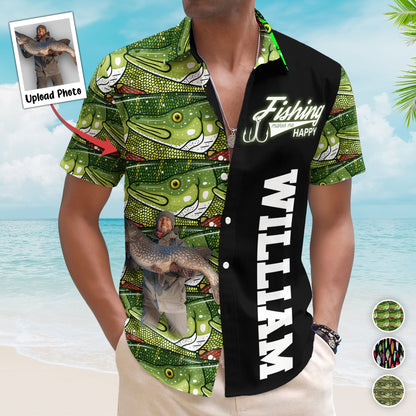 Custom Photo Bass Fish Fishing Makes Me Happy - Custom Photo Hawaiian Shirt HA0055