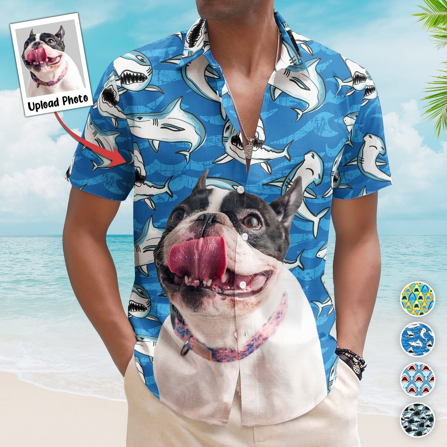 Customize Big Funny Photo With Sharks Pattern - Custom Photo Hawaiian Shirts HA0068