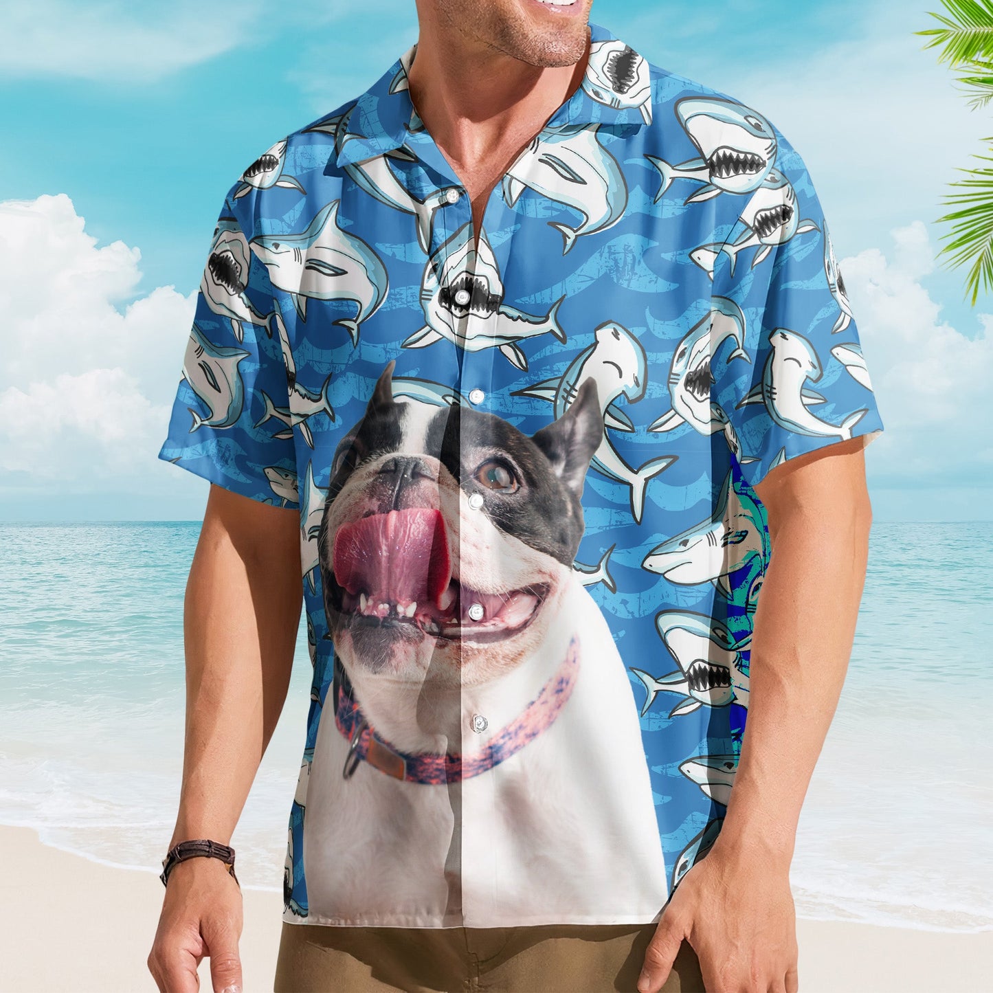 Customize Big Funny Photo With Sharks Pattern - Custom Photo Hawaiian Shirts HA0068