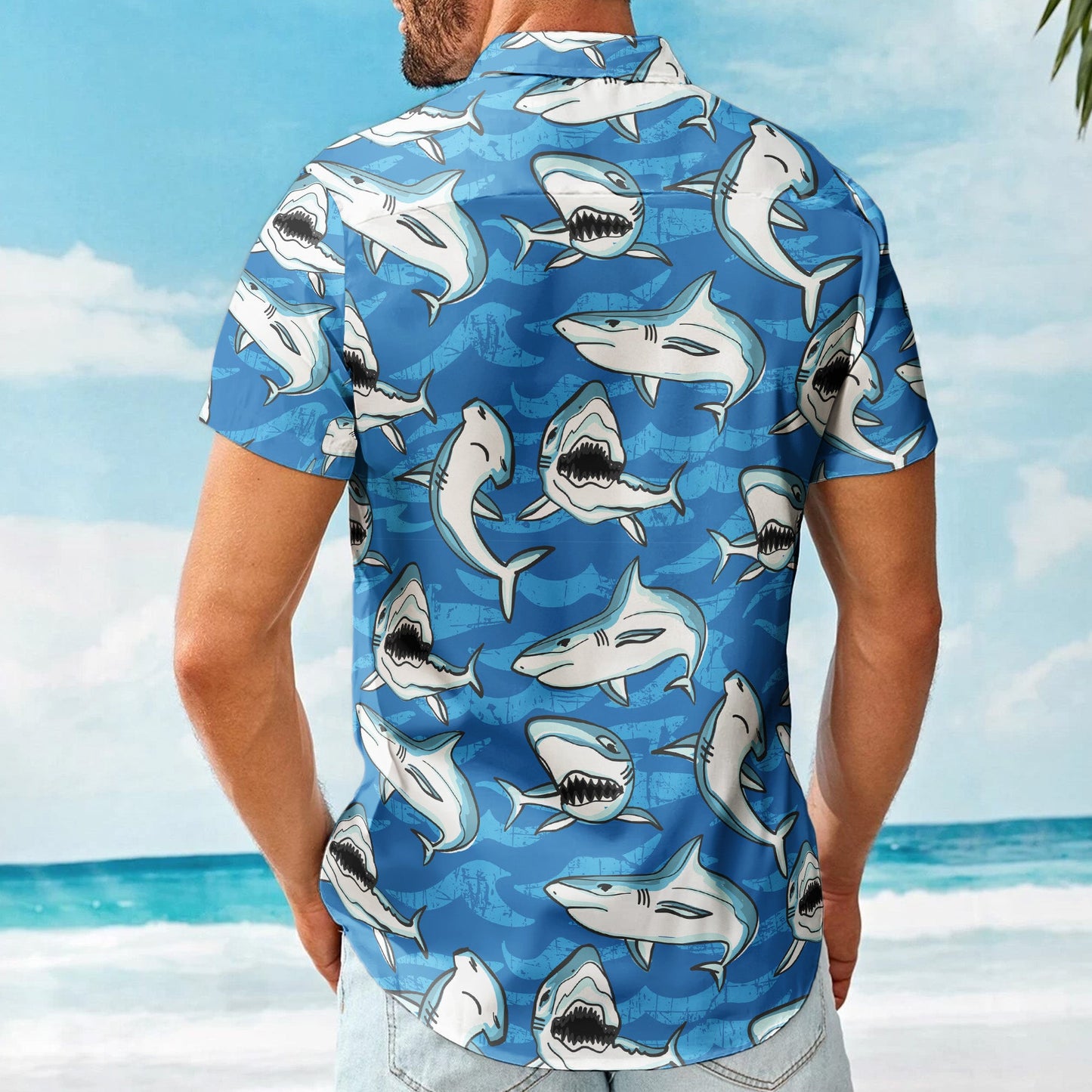 Customize Big Funny Photo With Sharks Pattern - Custom Photo Hawaiian Shirts HA0068