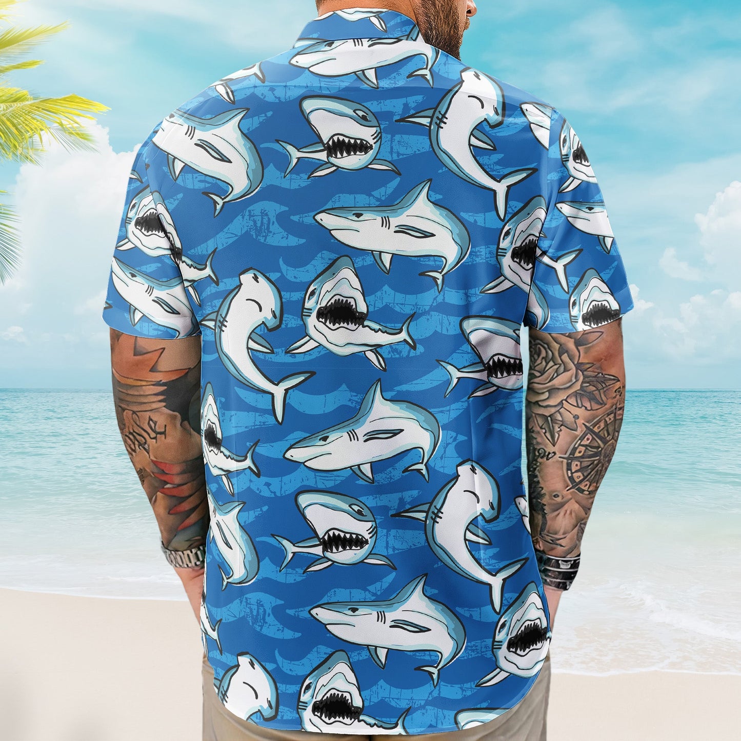 Customize Big Funny Photo With Sharks Pattern - Custom Photo Hawaiian Shirts HA0068