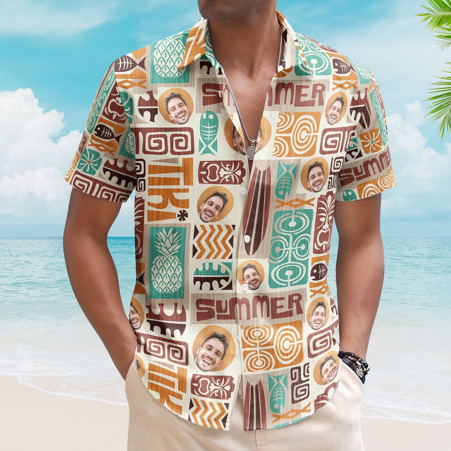 Customize Face With Exotic Tiki Pattern - Custom Photo Hawaiian Shirts HA0119