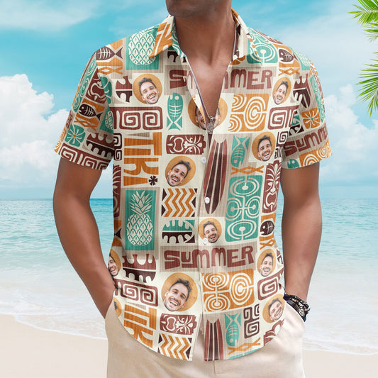 Customize Face With Exotic Tiki Pattern - Custom Photo Hawaiian Shirts HA0119