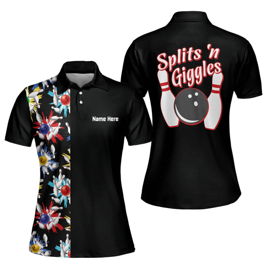 Personalized Splits 'n Giggles Black Bowling Women Polo Shirt, Gift for Bowler SO1356