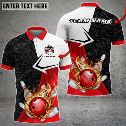 Bowling And Pins Fire Multicolored Bowling Jerseys Custom Name And Team 3D Polo Shirt BO0453