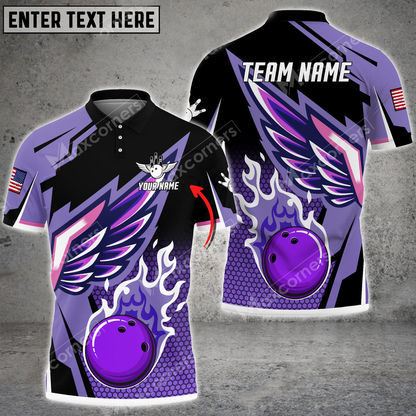 Bowling And Pins Cool Wings Pattern Multicolor Option Customized Name And Team Name Polo Shirt BO0454