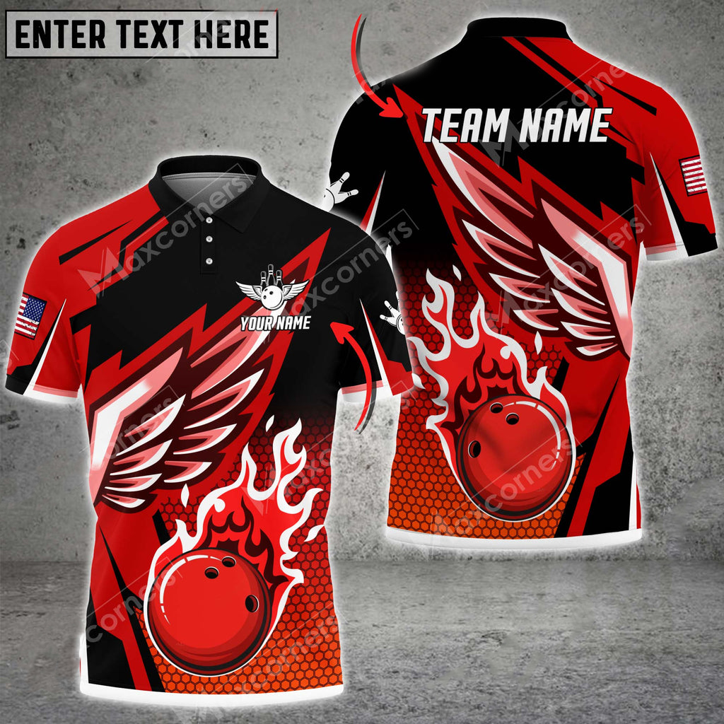 Bowling And Pins Cool Wings Pattern Multicolor Option Customized Name And Team Name Polo Shirt BO0454