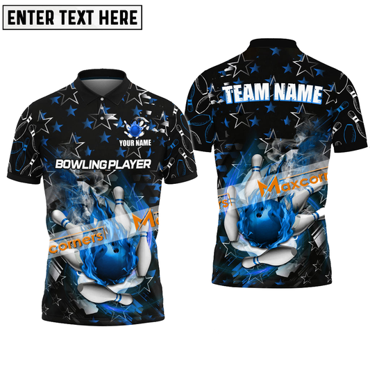 Bowling and Pins Flame Fire Ball Super Star Pattern Multicolor Option Customized Name Team Name 3D Polo Shirt BO0387