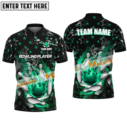 Bowling and Pins Flame Fire Ball Super Star Pattern Multicolor Option Customized Name Team Name 3D Polo Shirt BO0387