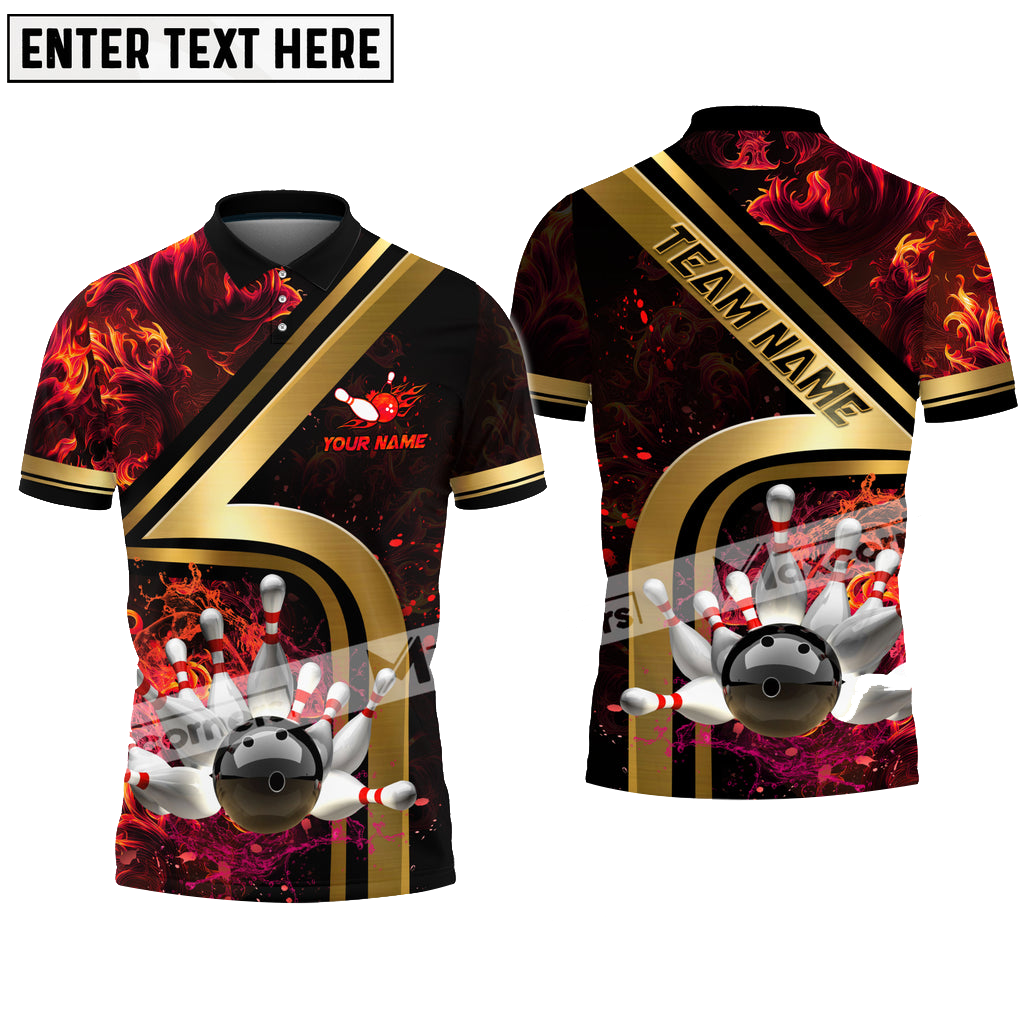 Bowling Ball & Pins Water And Flame Golden Multicolor Option Customized Name 3D Polo Shirt, Bowling Polo Shirt BO0418