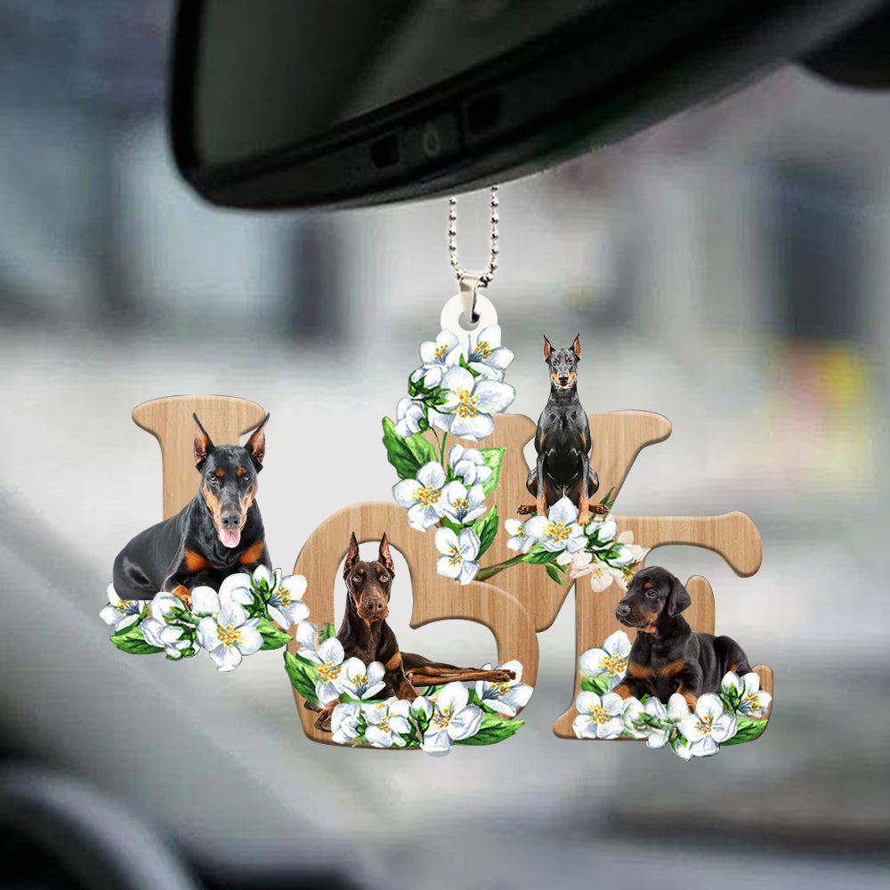 Cute Doberman Love Flowers Dog Lover Car Hanging Ornament OO0901