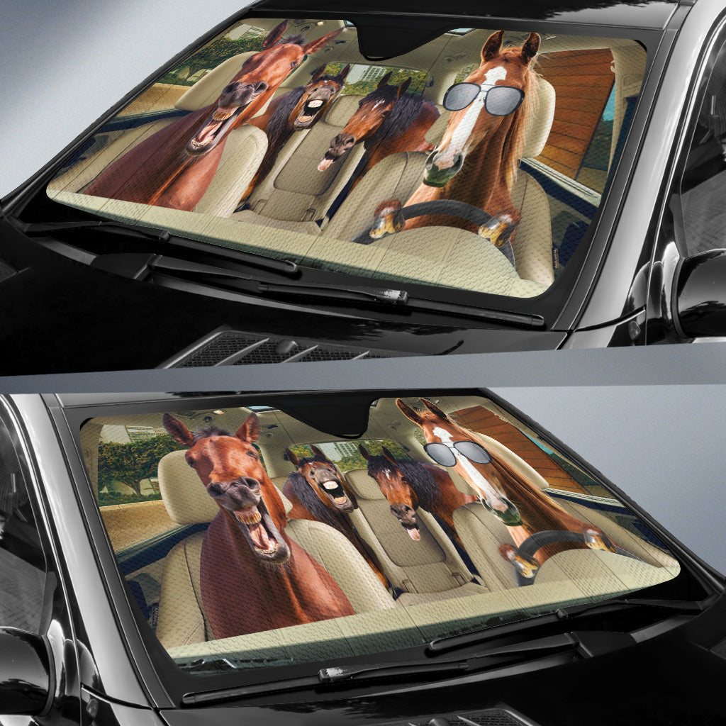 Horse Family Driving The Car Sun Shade, Best Car Sunshade Summer SO0059