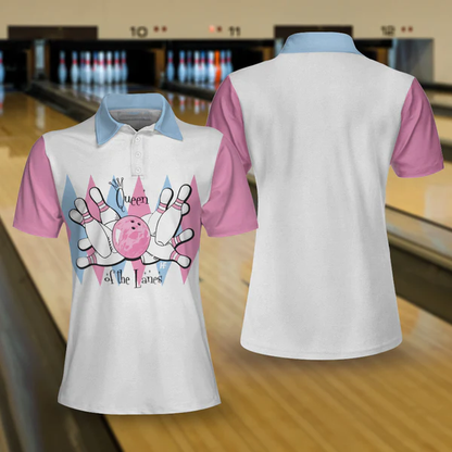 Queen Of The Lanes Pink And Blue Bowling Short Sleeve Women Polo Shirt, Bowling Shirt For Ladies Lasfour SO1418