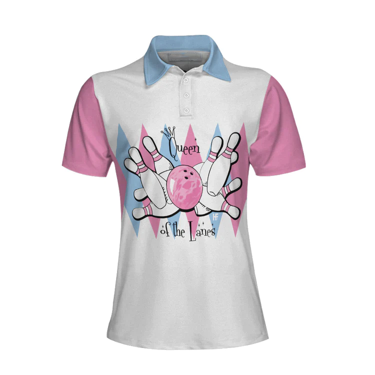 Queen Of The Lanes Pink And Blue Bowling Short Sleeve Women Polo Shirt, Bowling Shirt For Ladies Lasfour SO1418