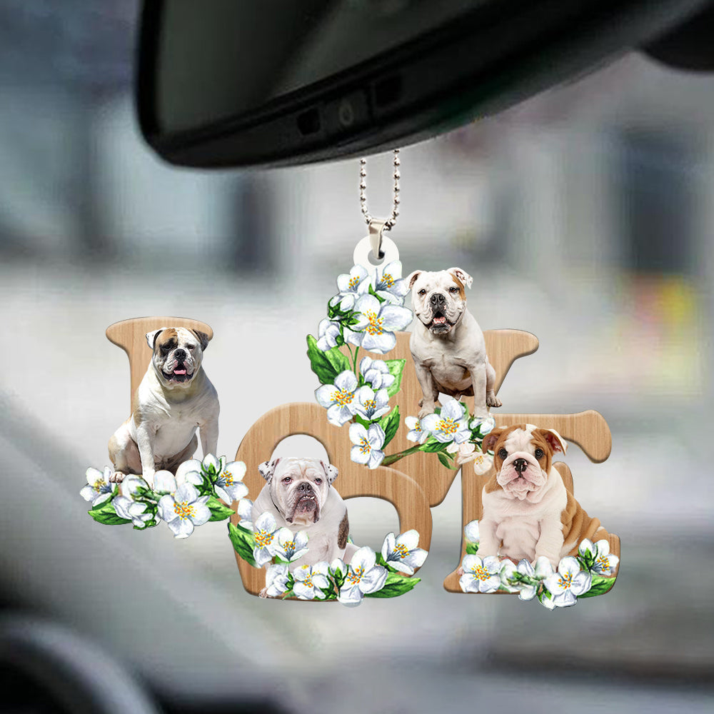 English Bulldog Love Flowers Dog Lover Car Hanging Acrylic Ornament OO0900