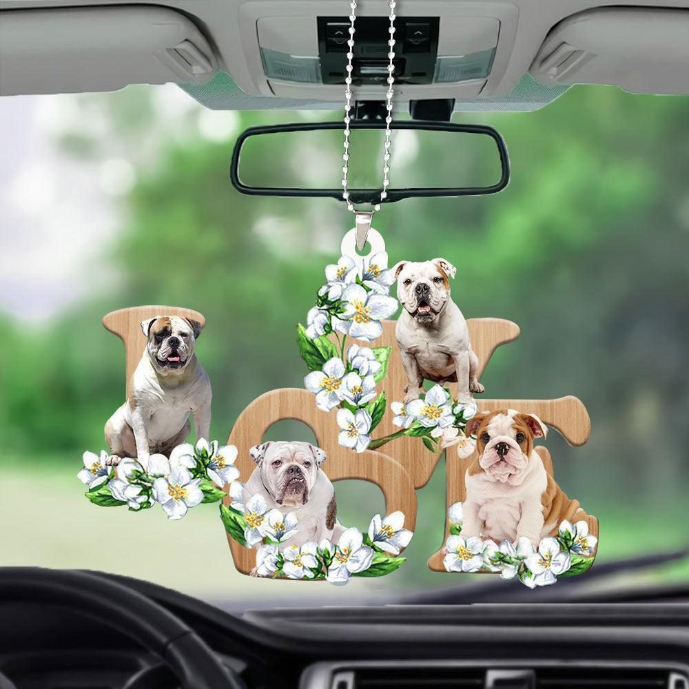 English Bulldog Love Flowers Dog Lover Car Hanging Acrylic Ornament OO0900