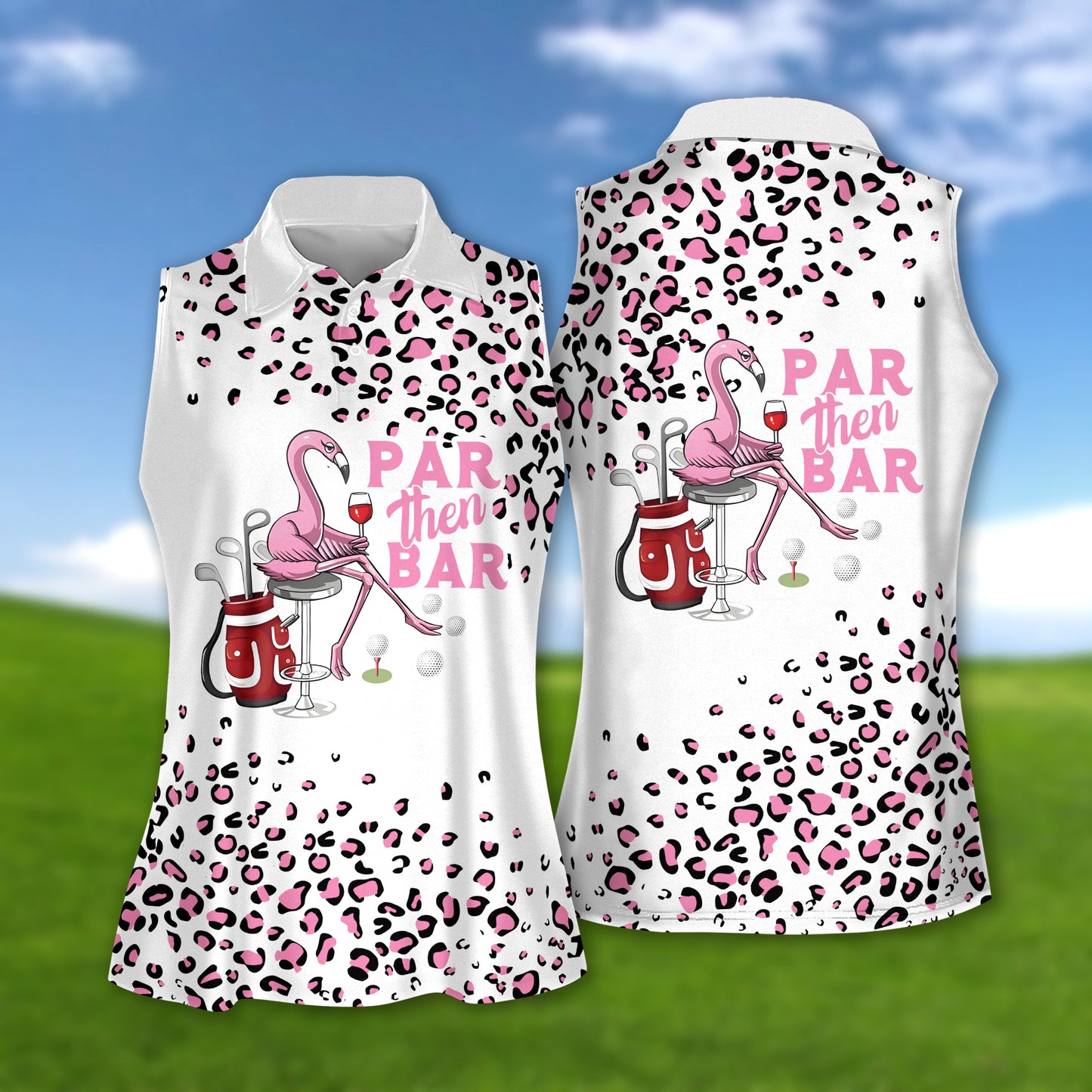 Pink leopard par then bar flamingo women golf apparel, golf shirts for women sleeveless with collar, ladies sleeveless golf shirt GY0009