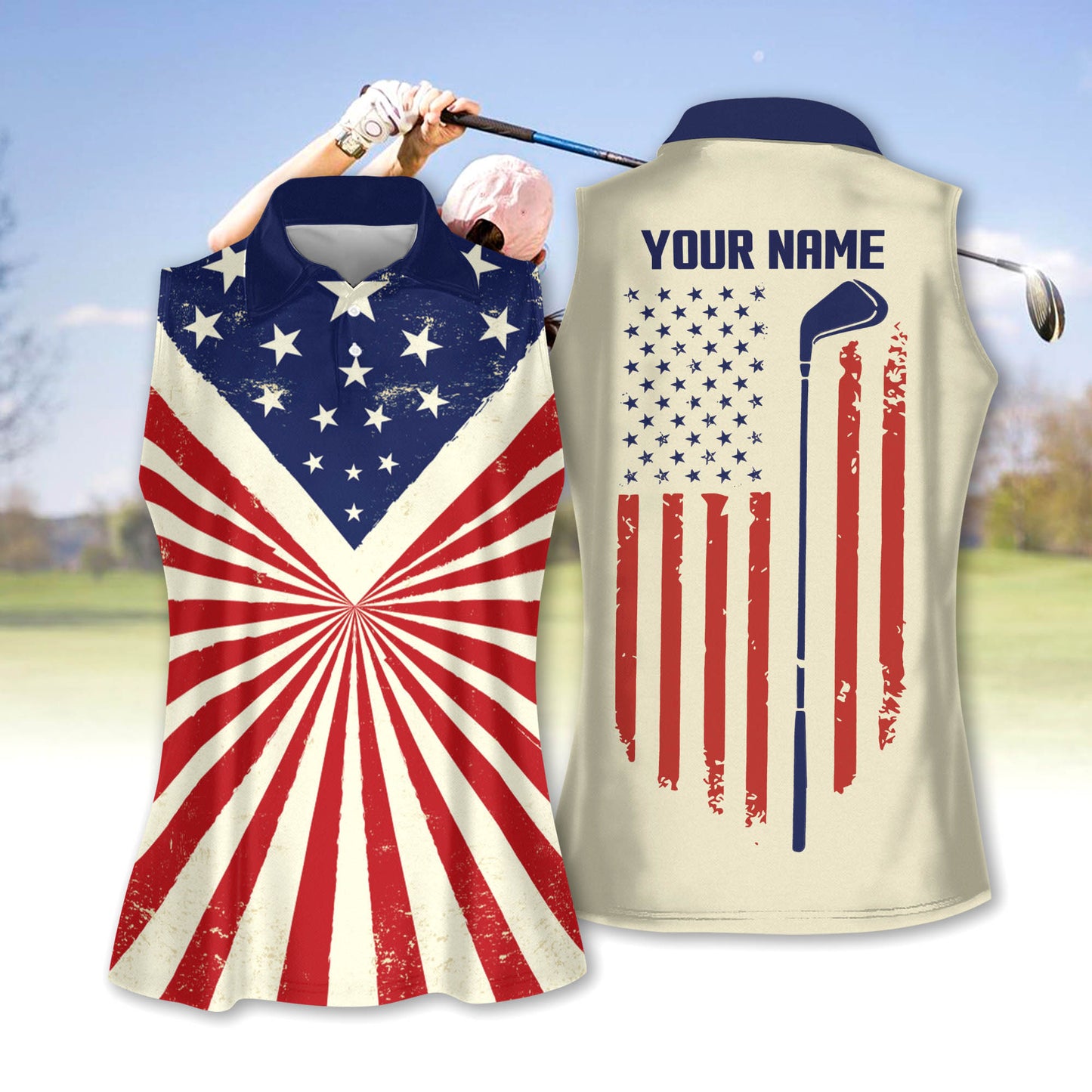 Vintage american flag patriotic womens sleeveless polo shirts, custom golf tops for ladies golf gift GY0208