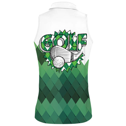 Golf Pattern Green Sleeveless & Zipper Polo Shirt For Woman SO1015