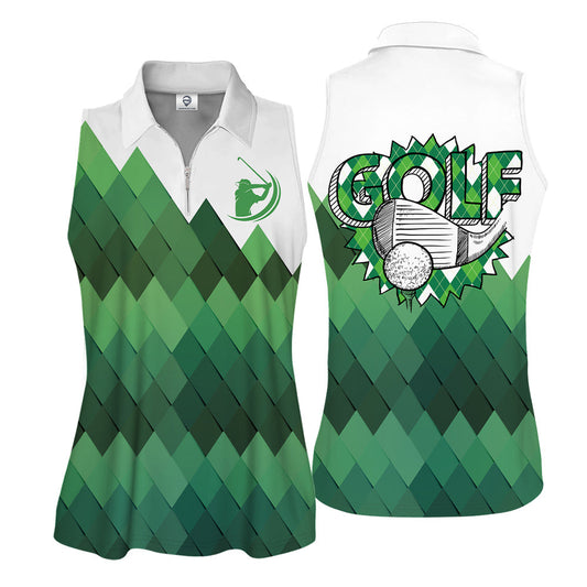 Golf Pattern Green Sleeveless & Zipper Polo Shirt For Woman SO1015