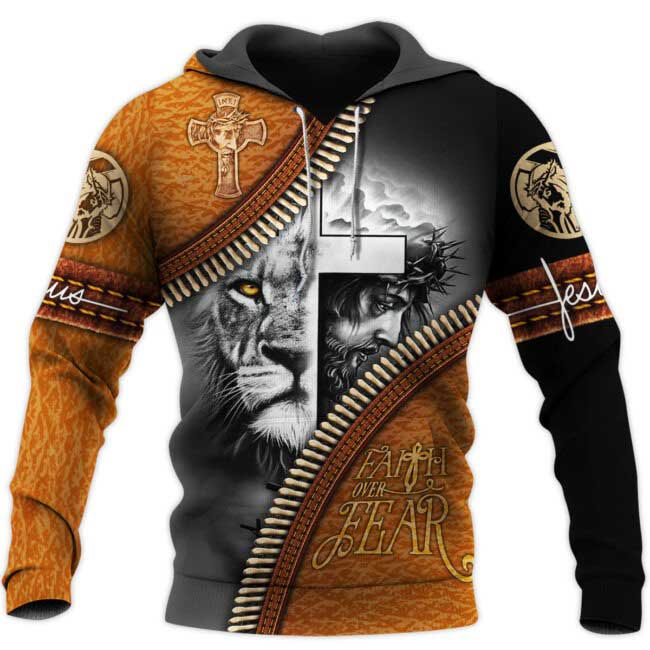 Faith Over Fear 3D All Over Printed Hoodie, Sublimation Jesus Lion Shirt, American Jesus 3D Tee Shirts TO0239