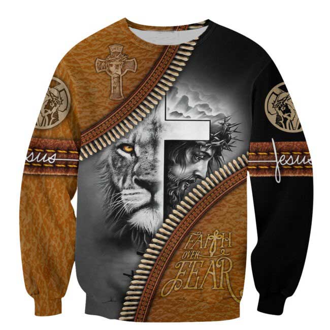 Faith Over Fear 3D All Over Printed Hoodie, Sublimation Jesus Lion Shirt, American Jesus 3D Tee Shirts TO0239