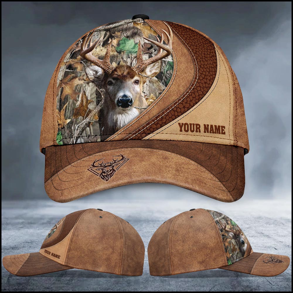 Deer Hunting Custom Name Hunter Father's Day Gift Leather Background Cap CA0267