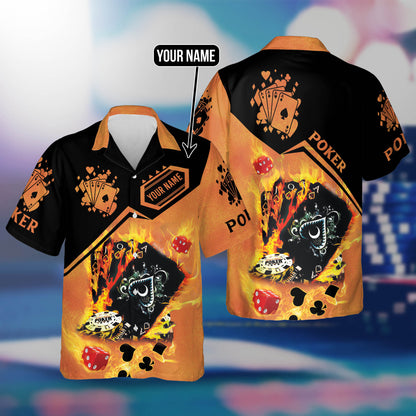 Poker Royal Flush On Fire Personalized Name 3D Hawaiian Shirt For Poker Players HO0298