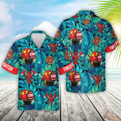 Custom Hawaiian Shirt Gift For Firefighter - Personalized Gifts For Fireman - Firefighter Helmet Tropical Pattern Hawaiian Shirt HO0327