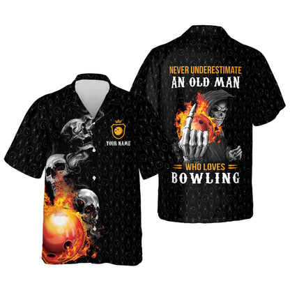 Bowling Skull Never Underestimate An Old Man Who Loves Bowling Personalized Name 3D Hawaiian Shirt HO3160