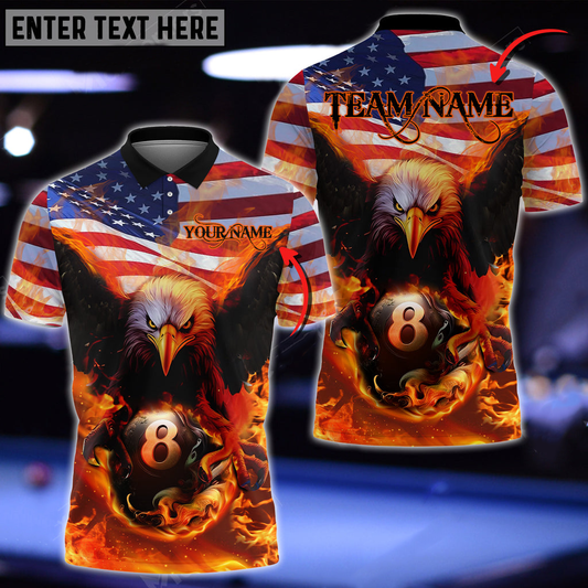 Billiards 8 Ball Fire US Flag Eagle Personalized Name 3D Polo Shirt SO1120