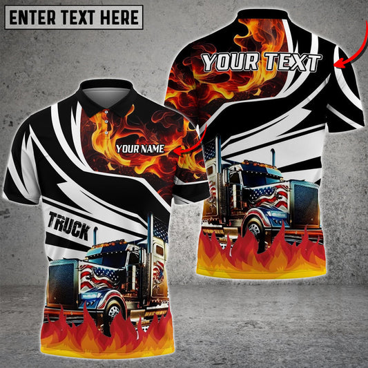 Truck Flame U.S Flag Pattern Personalized Name Shirt For Truck Driver, Truck Flag Polo Shirt TO3534