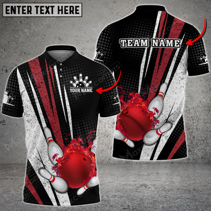 Bowling Ball And Pins Flame Grunge Multicolor Option Customized Name, Team Name 3D Polo Shirt BO0410