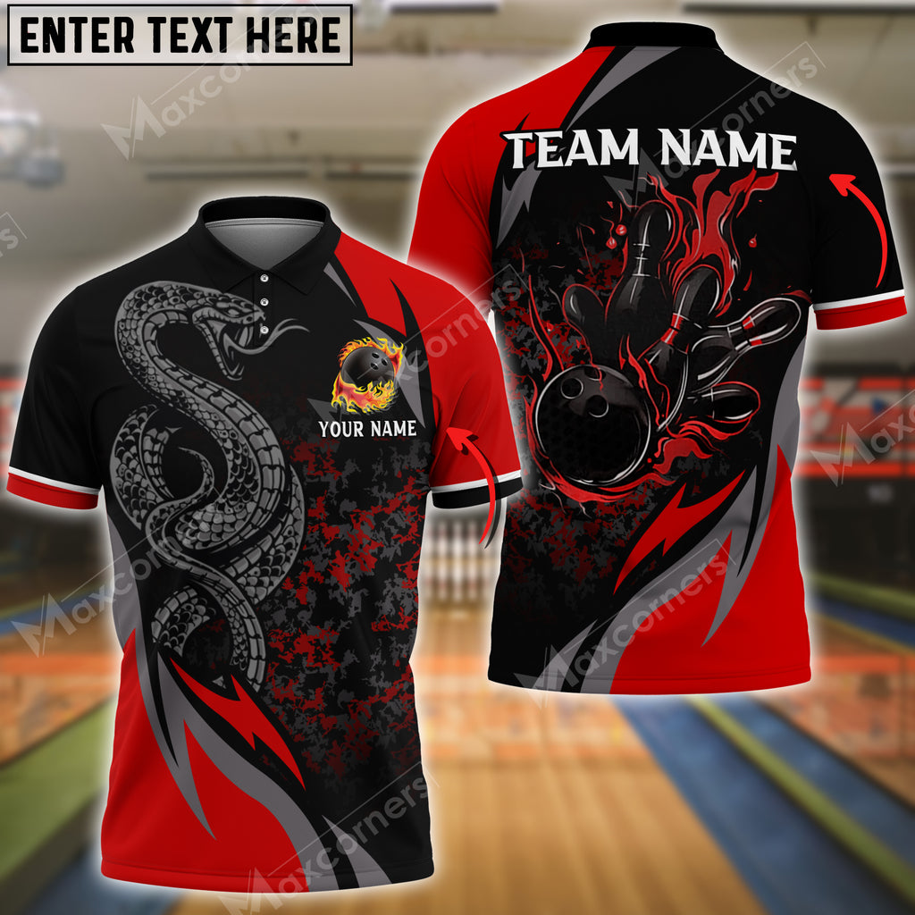 Bowling Ball And Pins Snake Multicolor Option Customized Name, Team Name 3D Polo Shirt, Gift for Bowler, Snake Polo Shirt BO0411