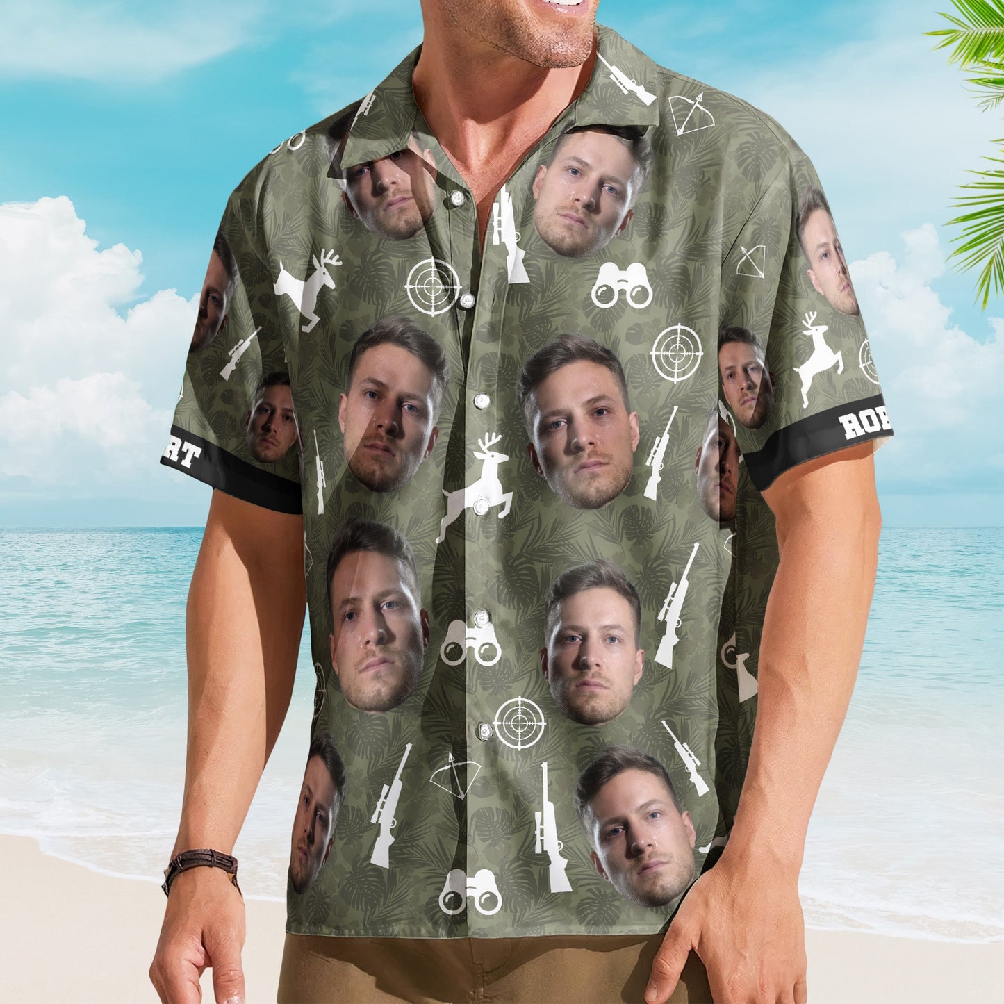 Hunting Camo Tropical Pattern Custom Face Aloha Shirts - Custom Photo Hawaiian Shirts HA0094