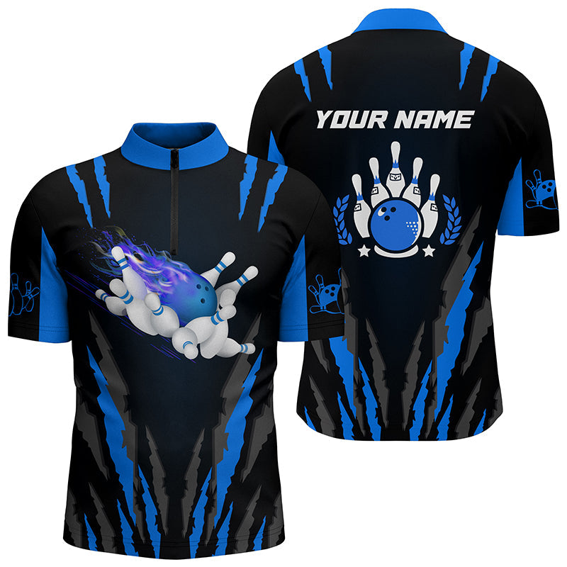 Bowling Quarter Zip Shirts For Men Custom Name Flame Bowling Ball And Pins Bowling Jerseys Blue SO0604