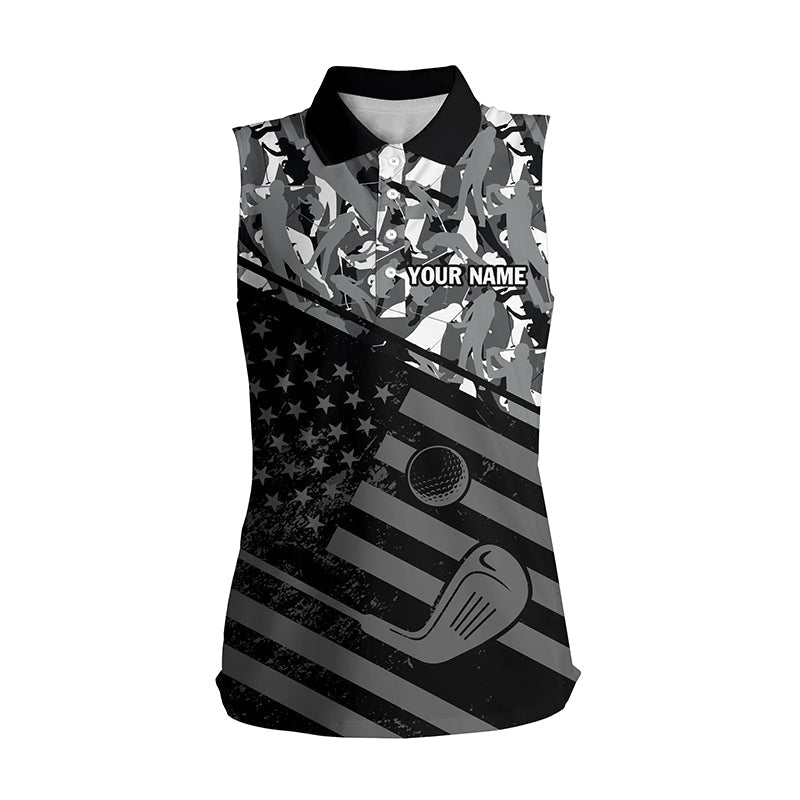 Women's Sleeveless Polo Shirt Black American Flag Patriotic Green Camo Polo Custom Name Golfing Gifts SO0895