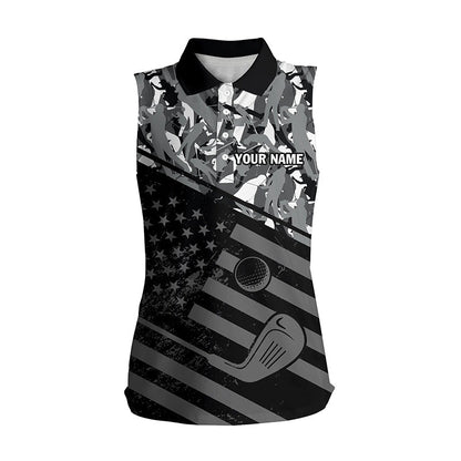 Women's Sleeveless Polo Shirt Black American Flag Patriotic Green Camo Polo Custom Name Golfing Gifts SO0895