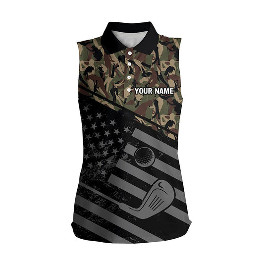 Women's Sleeveless Polo Shirt Black American Flag Patriotic Green Camo Polo Custom Name Golfing Gifts SO0895