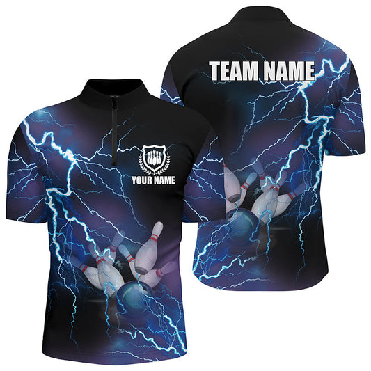 Men's bowling Quarter Zip shirts Custom blue lightning thunder Bowling Team Jersey, gift for Bowlers SO0644