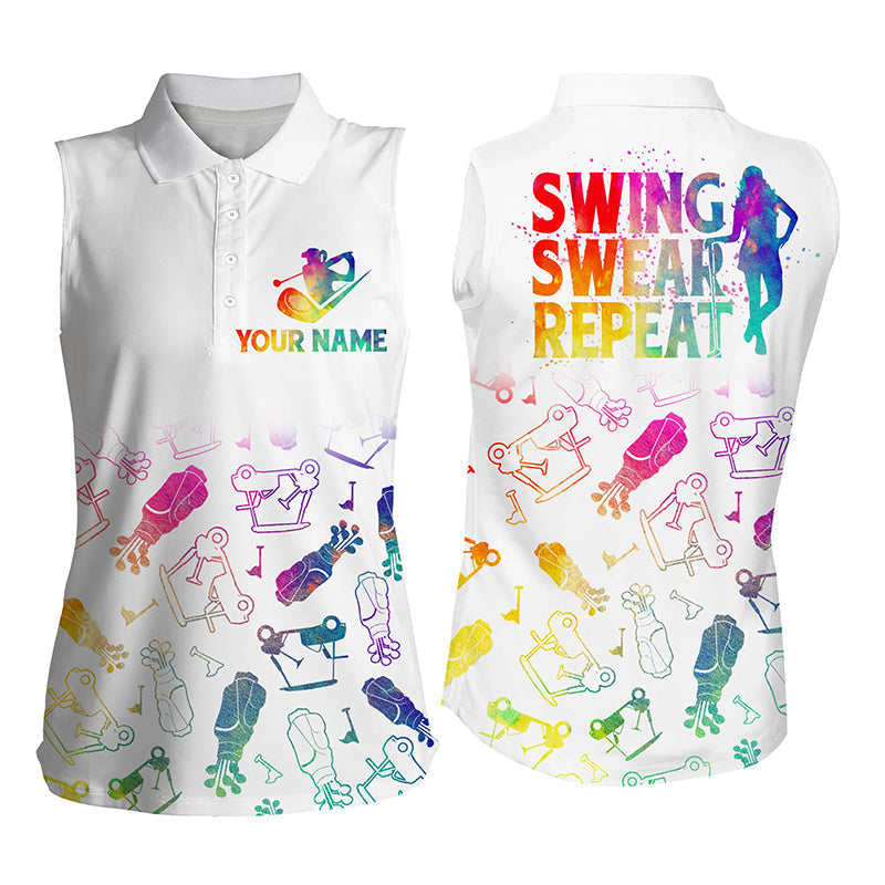 Lasfour Women Sleeveless Polo Shirt Custom Watercolor Golf Icons Swing Swear Repeat, Gifts for Golf Lovers SO1055