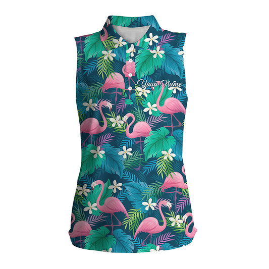 Women Sleeveless Polo Shirts Colorful Flamingo Green Tropical Leaf Pattern Custom Golf Polo Shirts SO1379