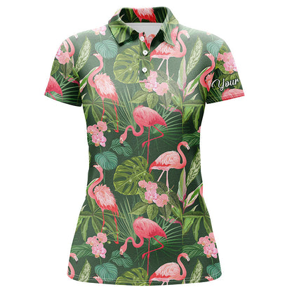 Funny Women Golf Polo Shirt Custom Green Tropical Flower Flamingo Golf Shirts Talk Birdie To Me SO1105