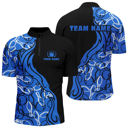 Black and blue pattern bowling Quarter Zip shirts for men, custom team bowling jerseys for men bowlers SO0550