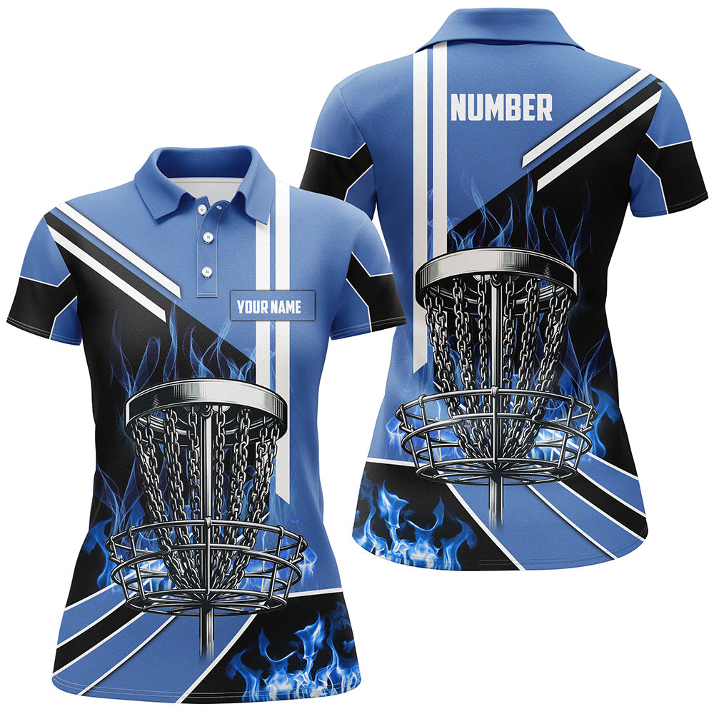 Women Disc Golf Polo Shirts Custom Blue Flame Disc Golf Basket Frisbee Golf Outfit, Disc Golf Apparel GO0029