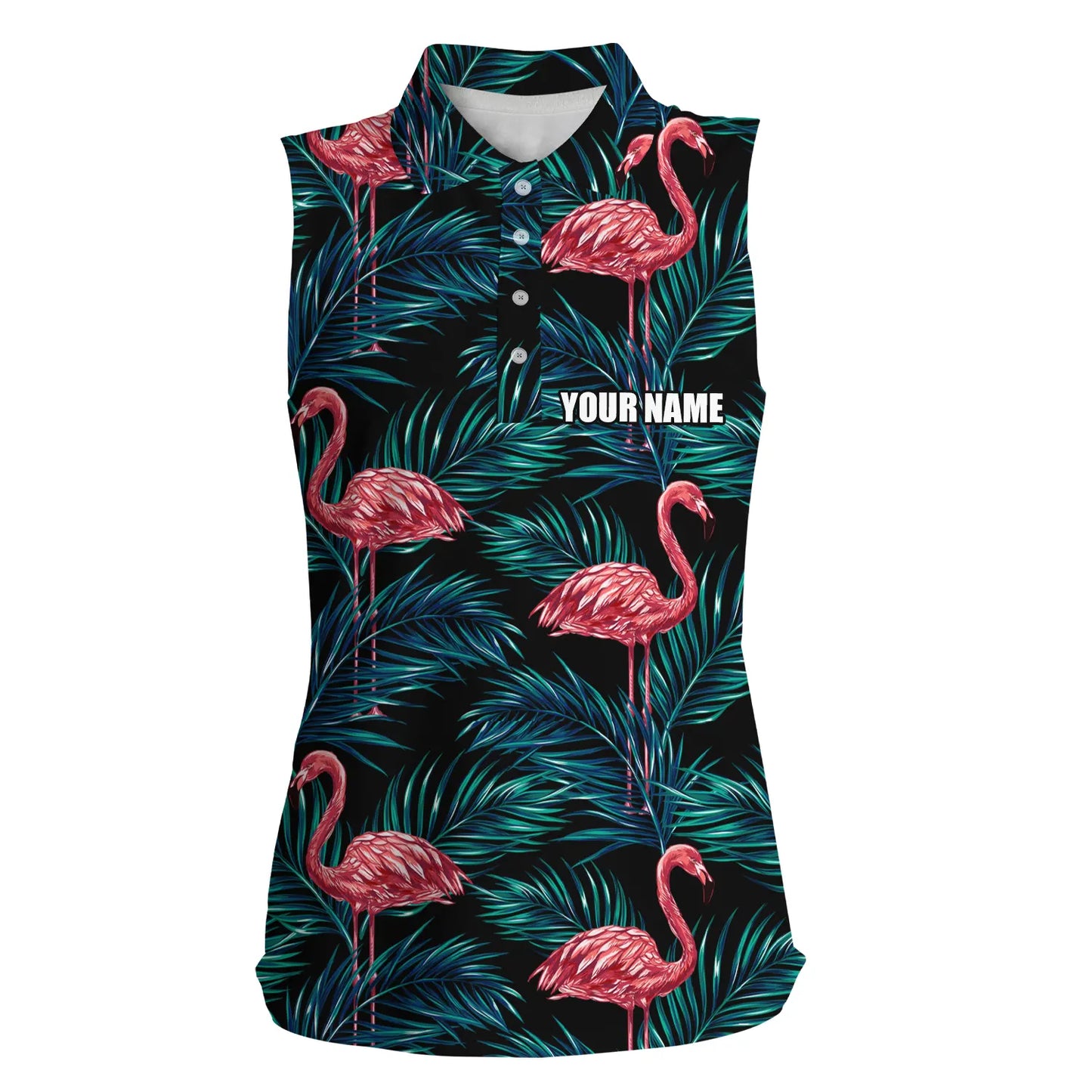 Women Sleeveless Polo Shirts Colorful Flamingo Green Tropical Leaf Pattern Custom Golf Polo Shirts SO1379