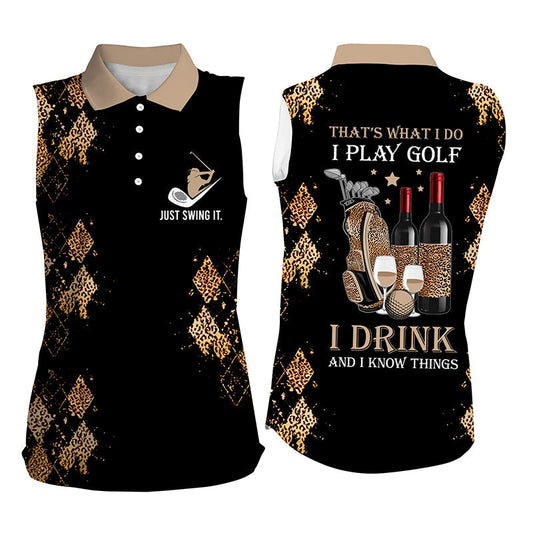 Black Purple Leopard Womens Sleeveless Polo Shirt Funny Golf Wine That'S What I Do, I Play Golf Drink SO1043