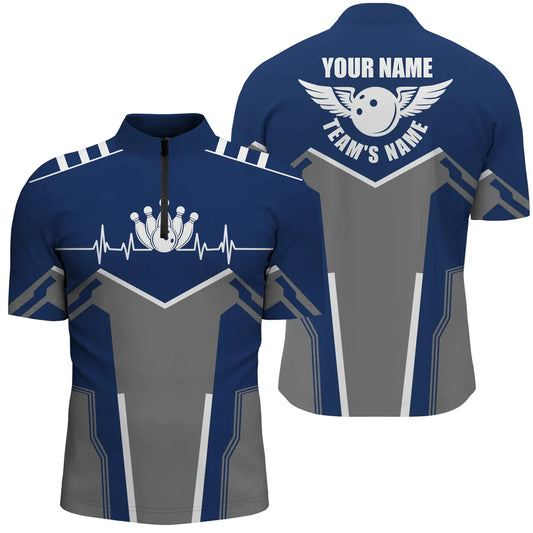 Bowling shirts for men custom name, team name Bowling Ball & Pins men Quarter Zip shirt Navy Blue SO0583